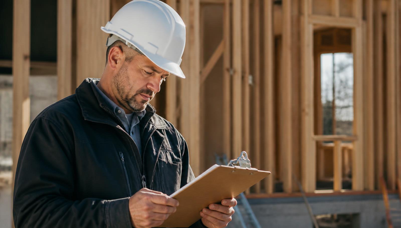 Contractor reviewing a documented project-start checklist on a jobsite.