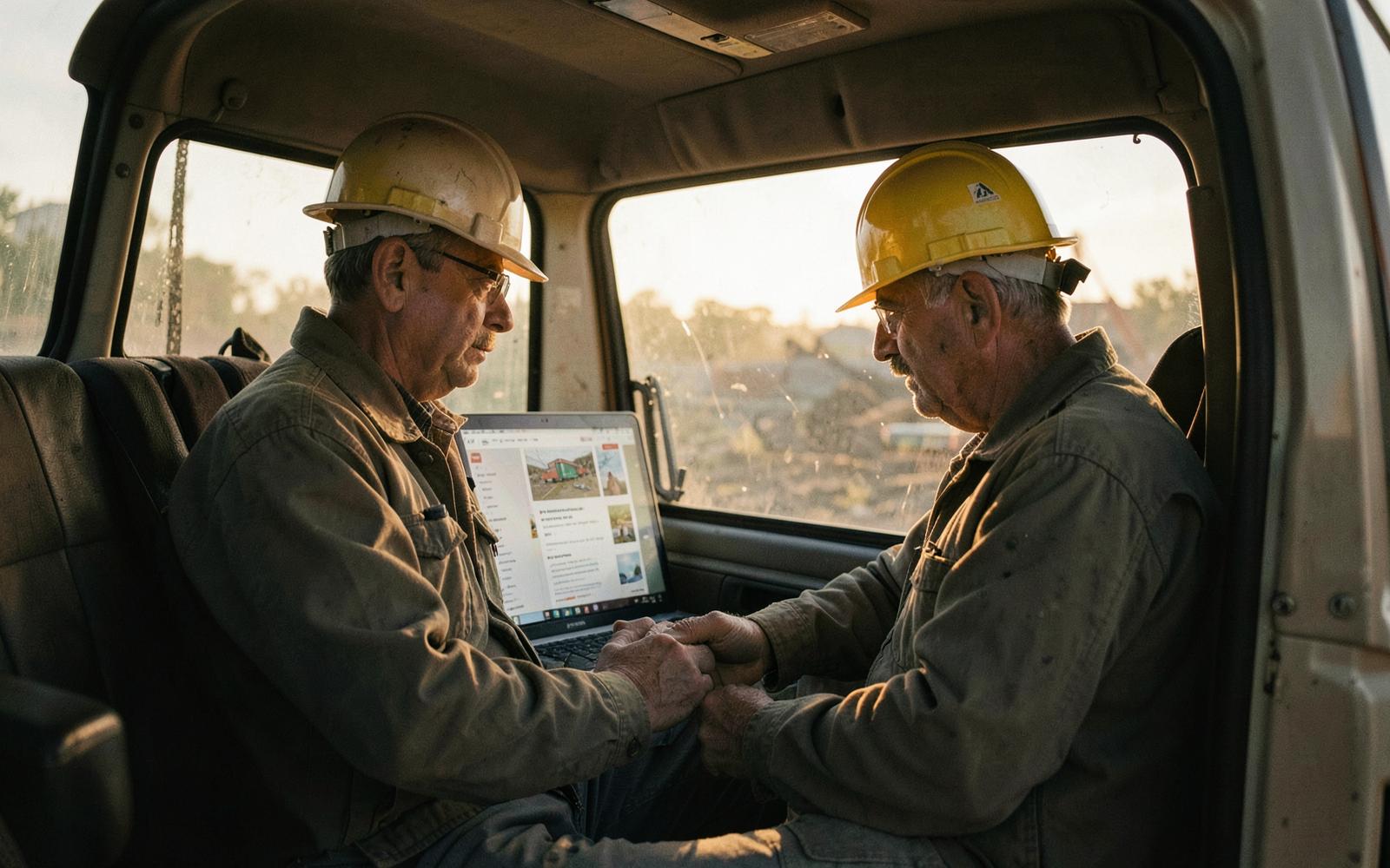 Two contractors in hard hats reviewing their company website on a laptop in a truck cab at golden hour.