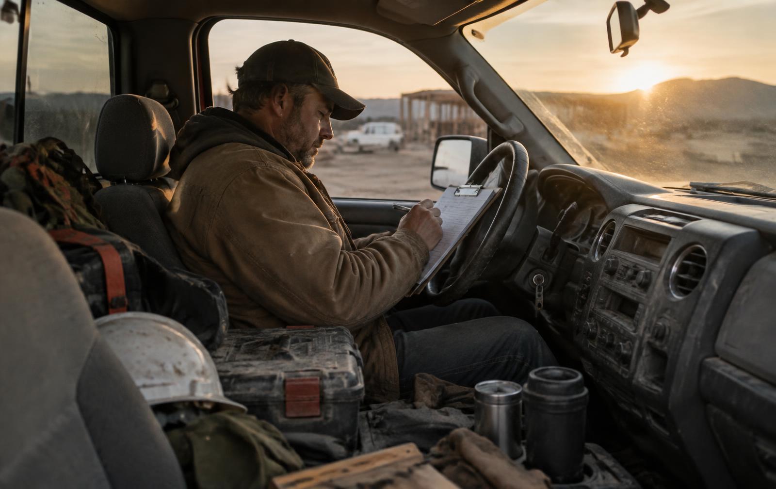 Contractor writing up job notes in his truck at the end of the day.