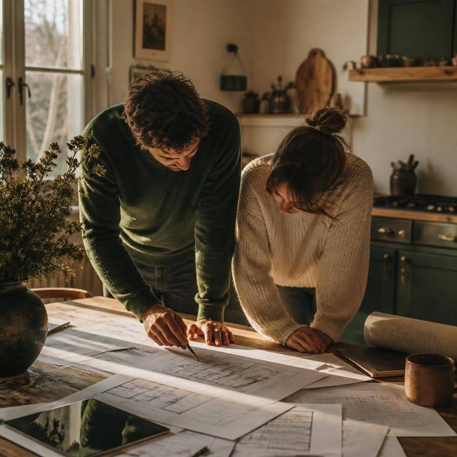 A couple leans over house plans and blueprints spread across a kitchen table, pointing at the renovation they want to build.