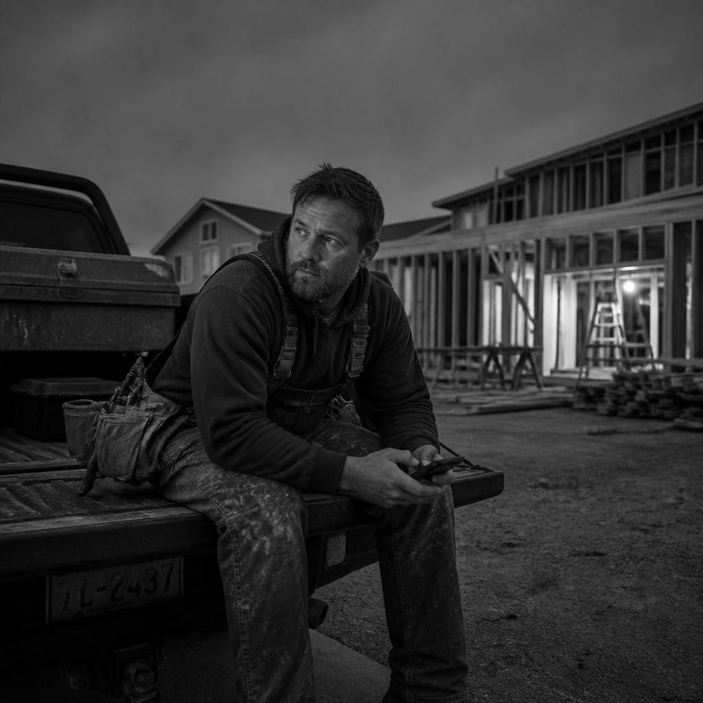 A tired contractor sits on the tailgate of his work truck at dusk, phone in hand, an unfinished framed house behind him.